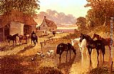 The Evening Hour - Horses And Cattle By A Stream At Sunset by John Frederick Herring Snr